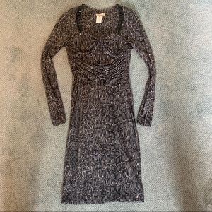 Blumarine Grey Croc Print Long Sleeve Dress with Black Beading
